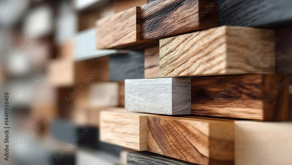Poster a close-up view of various wooden blocks arranged in an artistic pattern, showcasing different textu