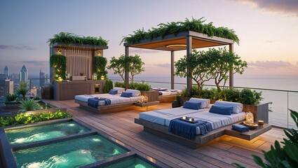 Luxurious rooftop oasis with poolside lounging area overlooking the city and ocean