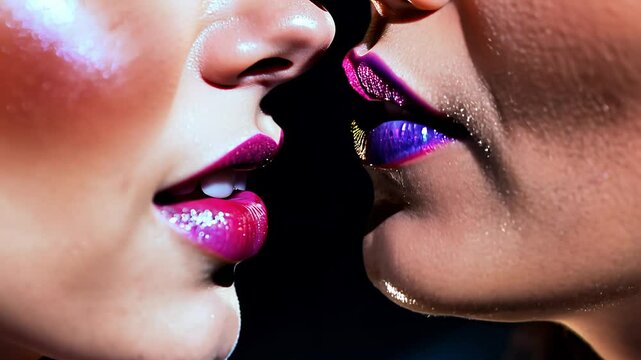 Close-up handheld video of mahogany skin man and ivory skin woman kissing, lips with opalescent sparkle and contrasting lipstick under high contrast lighting Concept of intimacy and contrast