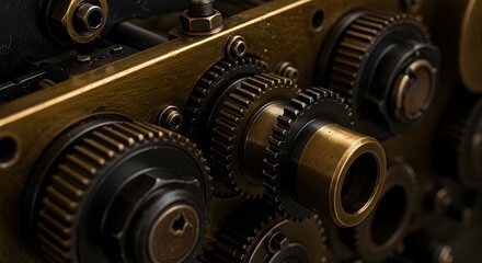 Fototapeta premium Close-up of Intricate Brass and Metal Gears System Machinery