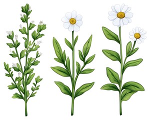 Illustration of three flowering plants; one bushy herb with small white flowers, and two taller plants each with a single large white daisy-like flower