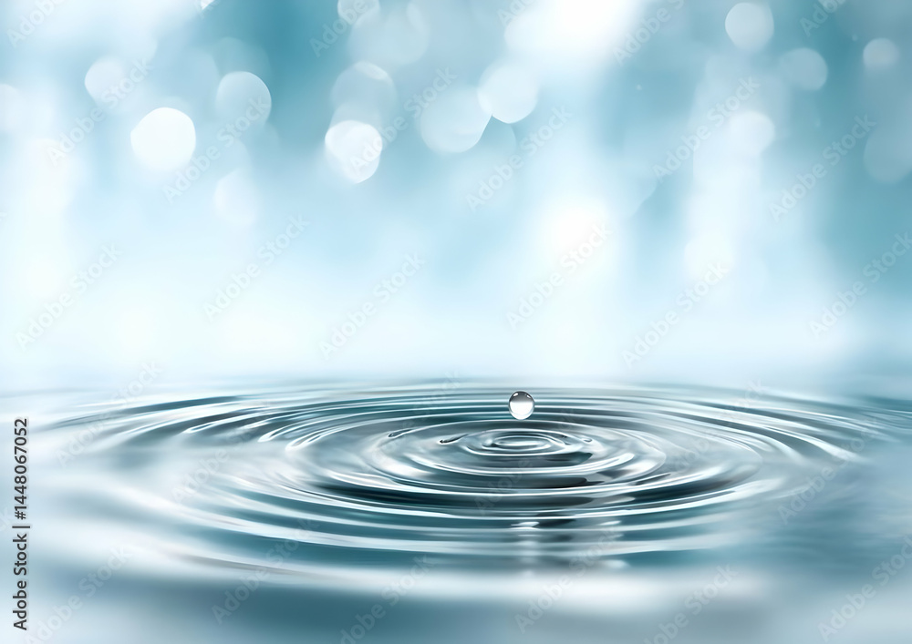 Poster a serene close-up of water ripples formed by a falling droplet, creating an ethereal atmosphere with