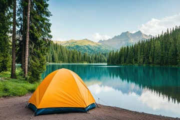 Camping tent by a tranquil alpine lake surrounded by lush trees