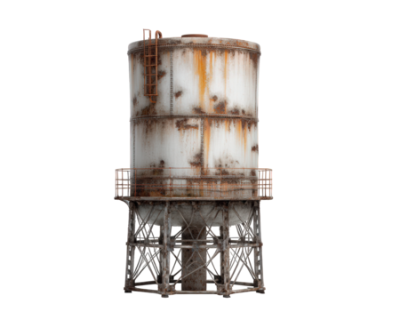 Weathered water tank with rust and peeling paint stands tall on metal framework, showcasing its industrial charm and history. structure evokes sense of nostalgia and resilience