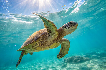 Fototapeta premium Sea turtle swimming underwater in crystal-clear tropical ocean, marine wildlife nature, sunny aquatic scene, peaceful animal motion, underwater adventure, eco tourism, reef environment.