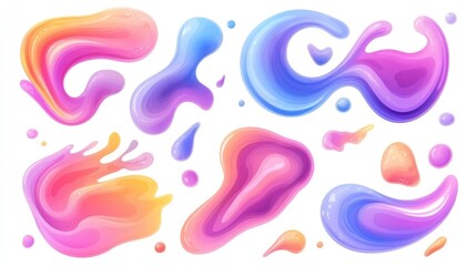 Colorful abstract liquid shapes, splashes, blobs, and drops isolated on white background.