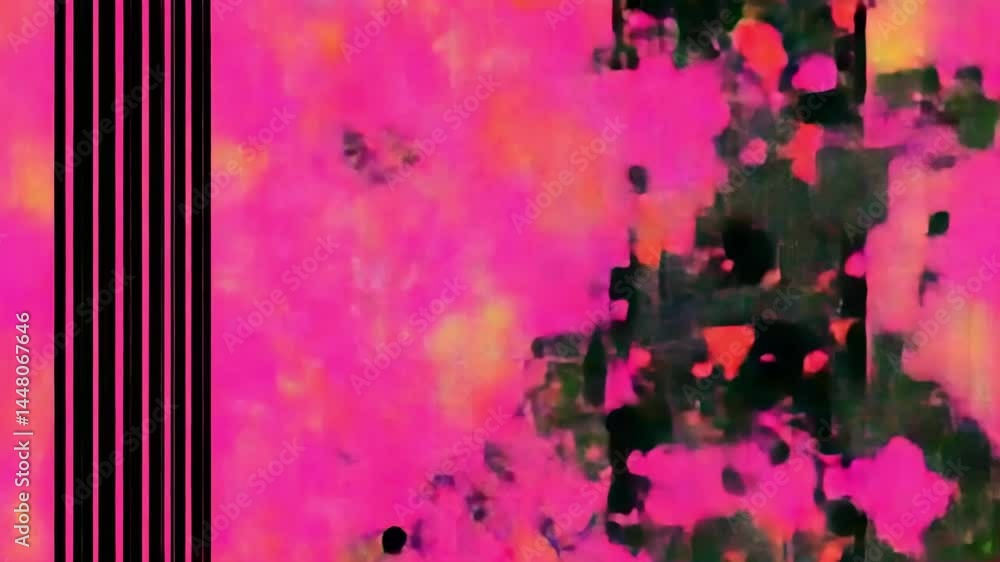 Poster abstract art with vibrant pink and black colors and colorful vertical stripes creating dynamic