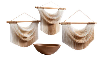 Obraz premium Elegant Home Decor: Featuring a set of three artistic wall hangings with gradient thread and a brown bowl, all elements exuding minimalist sophistication.