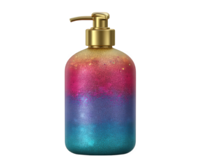 Vibrant body shimmer lotion bottle with gradient of pink, purple, and blue colors, featuring gold pump top, isolated on transparency background, exuding luxurious and festive feel