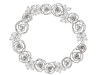 おしゃれな手描きのバラの花のリース　モノクロ線画
