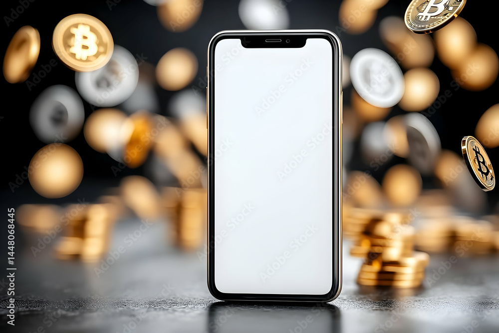Poster a smartphone surrounded by floating cryptocurrency coins on a dark background, illustrating the inte