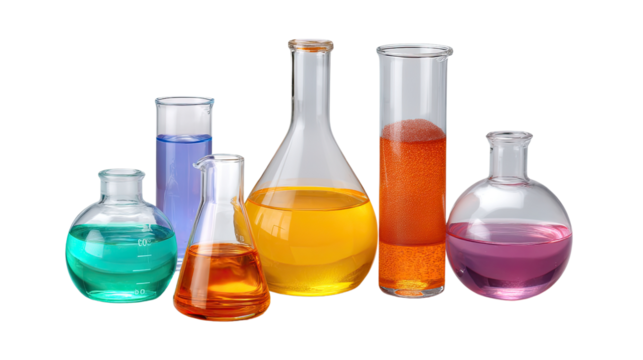 Colorful Chemistry: A vivid display of laboratory glassware holding various colorful liquids, reflecting the fascinating world of science and experimentation.