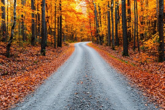 Serene gravel road winding through vibrant autumn forest at golden hour