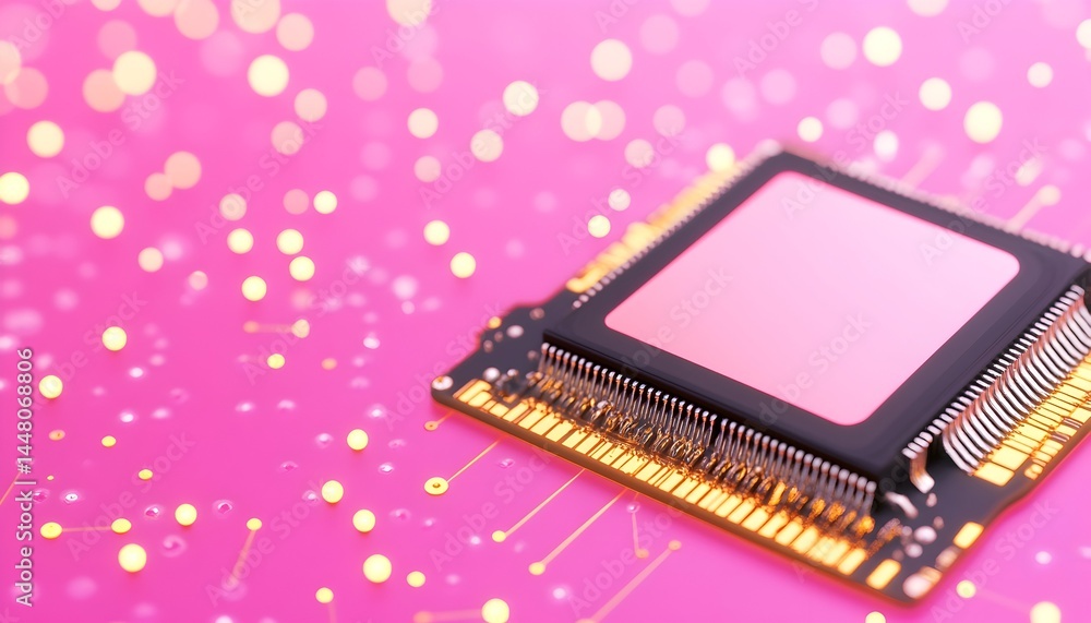 Poster pink background showcases a microchip on a circuit board, featuring golden connectors and a blurred 
