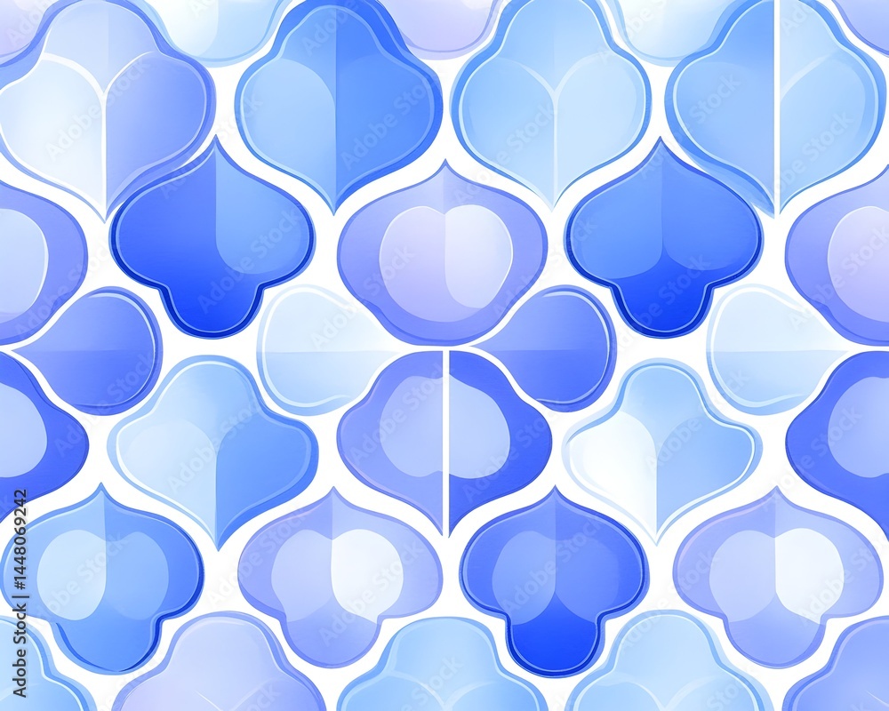 Poster seamless pattern of overlapping, stylized, teardrop shapes in varying shades of blue, creating a rep
