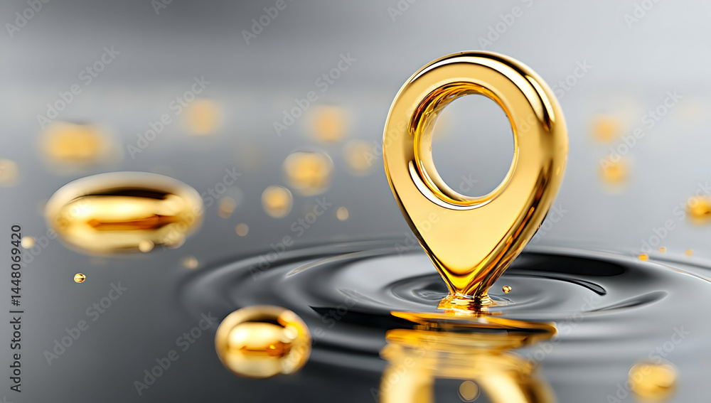 Poster a stunning golden location pin floating in water, symbolizing digital mapping and navigation. perfec