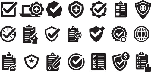 Checkmark, approval icon set. Vector glyph pictograms of validation, certification, confirmation concept, checklists, documents, awards, and security verification black silhouette illustration