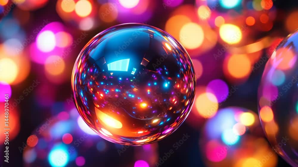 Poster colorful light reflections on glossy sphere with bokeh effects in motion