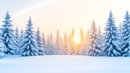 Obraz premium Snow-covered evergreen forest at sunrise, peaceful winter scene