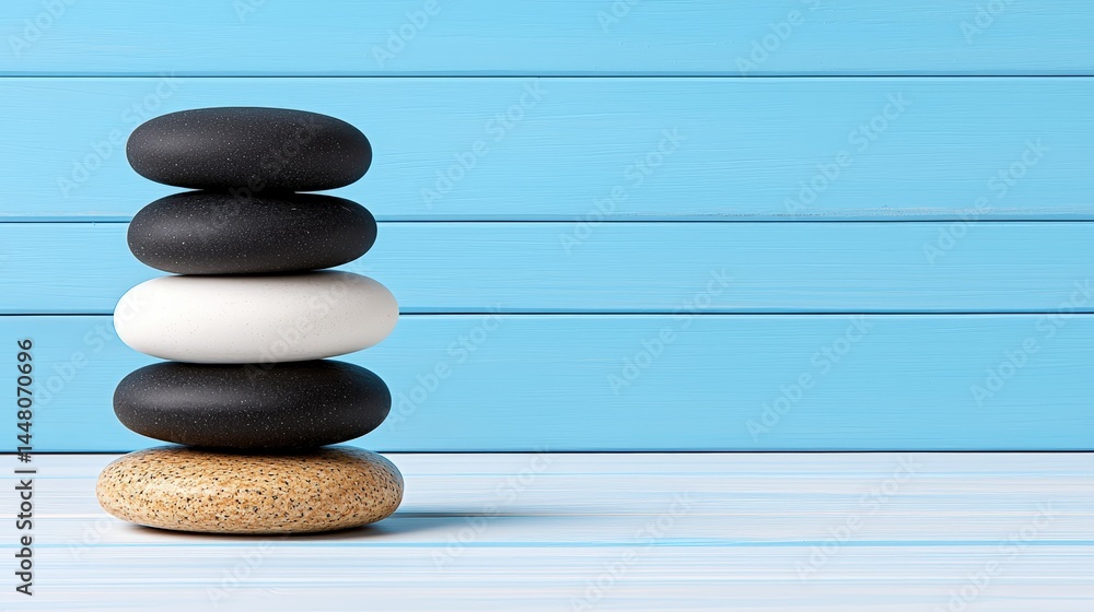 Poster stack of smooth rocks balanced on a vibrant blue background symbolizing stability and nature