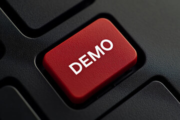 Macro shot: A red 'DEMO' button on a black keyboard, showcasing product testing or sample access. Close-up detail highlights user interaction.