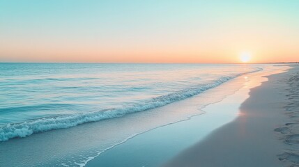 Sunset over calm ocean waves at tranquil beach shore