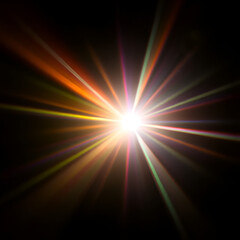 Fototapeta premium Rainbow light effect from sun flares on black background, colorful glare and shine, light rays on sparkling surface. Rainbow refraction of sunlight. Natural light effects, iridescent colors
