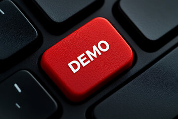 A red 'DEMO' computer key against a black keyboard, suggesting a demonstration or test version of software or equipment. Close-up shot.