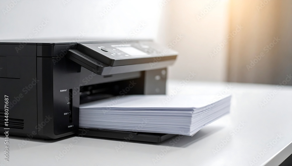 Poster office printer with stack of paper, symbolizing productivity. business equipment concept for efficie