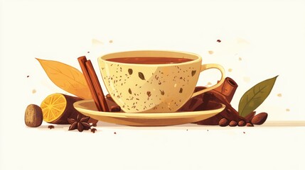 Aromatic spiced tea in a cup with cinnamon, star anise, cloves, and cocoa powder.