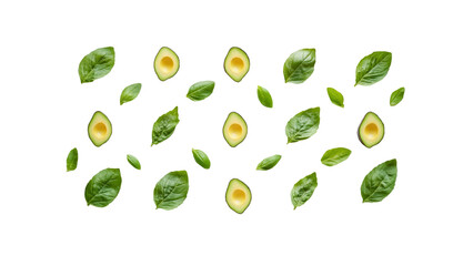 Avocado Halves and Basil Leaves Falling on Transparent Background - Healthy Food Flat Lay