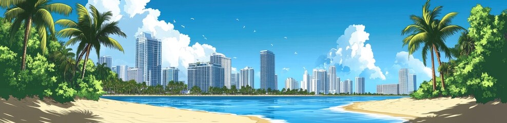 A vibrant tropical beach scene with towering city buildings.