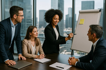 Smiling business woman presenting ideas on flip chart during team meeting in bright modern office boardroom
