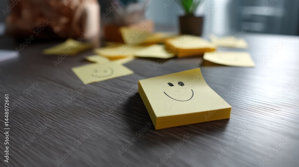 Poster smiley face sticky notes scattered on wooden surface create cheerful and inviting atmosphere, perfec