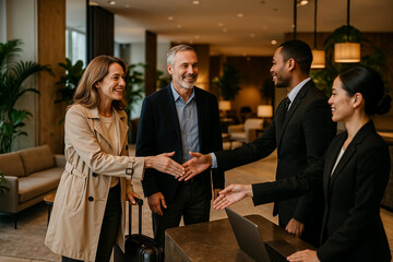 Smiling couple warmly greeted by hotel reception staff during check in at modern luxurious hotel lobby interior