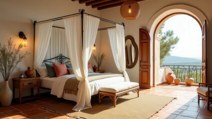 A Mediterranean bedroom with arched doors opens to a sea-view balcony, natural light flooding in. A canopy bed with white curtains, terracotta tiles, wooden furniture, and wicker accents adds charm
