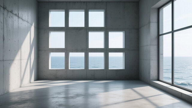 Abstract empty modern concrete room with square grid backwall openings, rough floor, and a stunning ocean view, blending minimalism with natural scenery.

