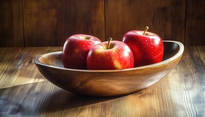 Several red apples are placed in a wooden bowl on a wooden countertop against a still life scene of wood grain.