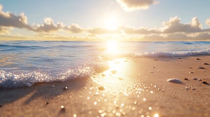 Fototapeta premium Golden sunshine, beach, sea waves