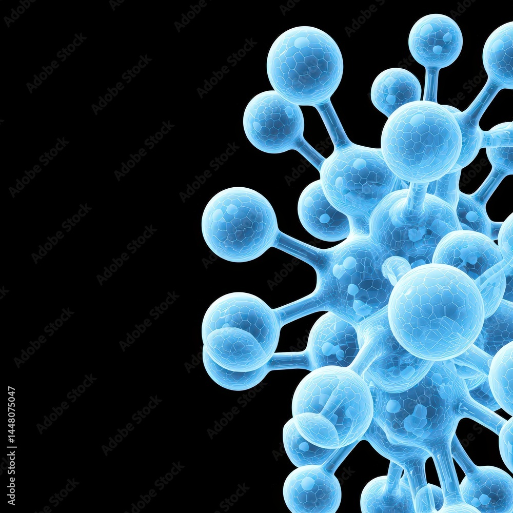 Poster close-up view of a blue molecule with intricate structure and bonds representing chemical elements