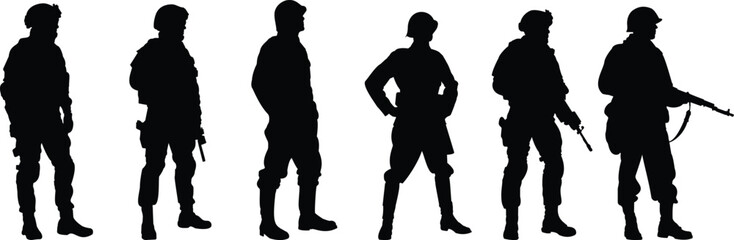 Soldier Silhouette Set – Military Troops, Army Personnel, Armed Forces Vector Icons.