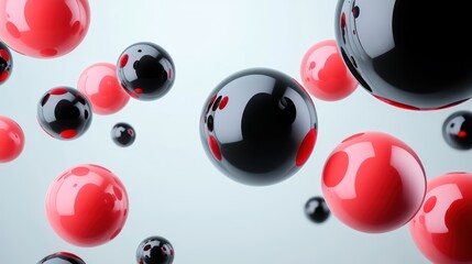 Abstract 3D rendering of red and black glossy spheres floating on a light gray background.