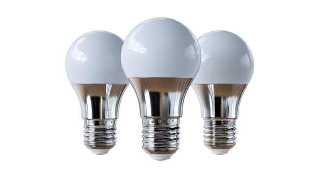 LED Bulbs: Energy-efficient lighting solution for home and office. Three LED bulbs against a white background.