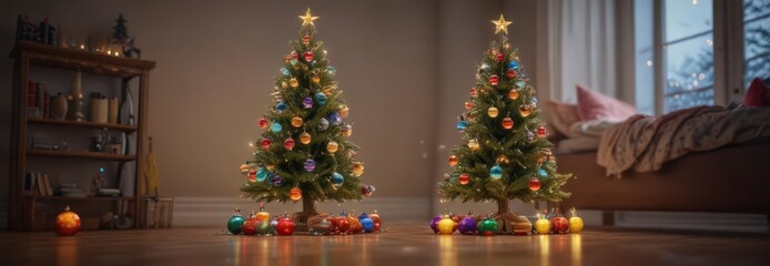 A glowing Christmas tree, colorful glass ornaments, fairy lights ,  season,  colorful