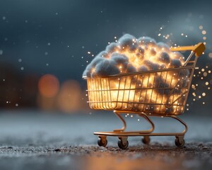 A shopping cart filled with glowing cotton-like material, emitting bright sparkles on a blurry background.