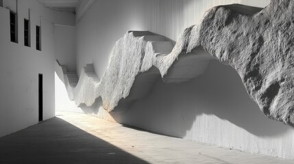 Modern interior space with textured mountain walls