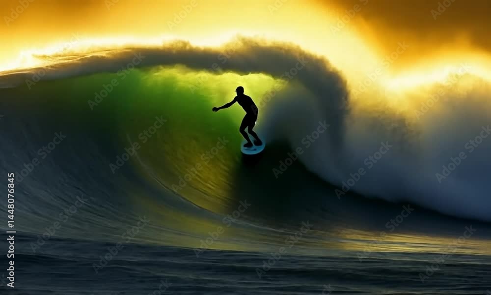 Poster athletic surfer balancing on a giant ocean wave in action scene made with generative ai technology