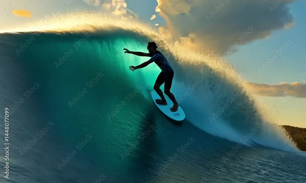 Poster man surfing a large wave in deep blue ocean with dynamic movement made with generative ai technology