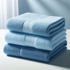 A stack of three blue towels, soft and fluffy