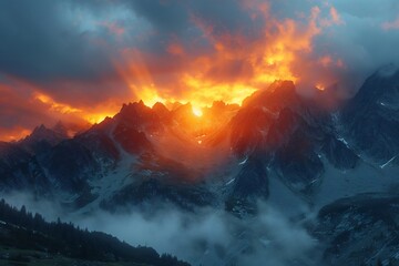 Jagged mountain range sun piercing through storm clouds contrast between light and shadow cinematic and epic wilderness